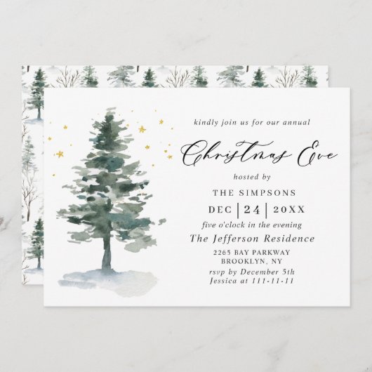 水の色パインツリーシックなホリデークリスマスイブ 招待状 (正面/裏面)