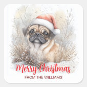 水の色パグサンタハットメリークリスマスホリデー スクエアシール (正面)