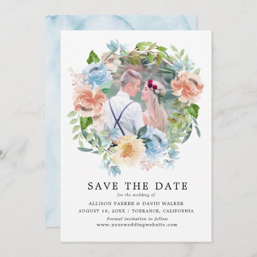 水の色パステルガーデンフォトデイトカードを保存 セーブザデート (正面/裏面)