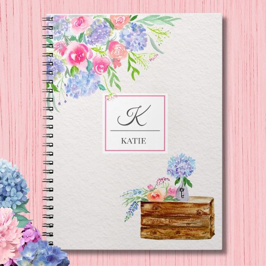 水の色パステルバラ、アジサイ・モノグラム ノートブック