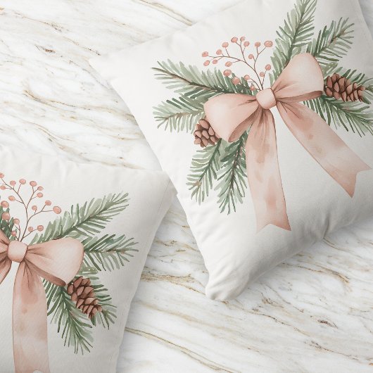 水の色パステルピンクベージュクリスマスボウパイン クッション