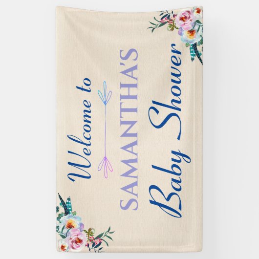 水の色パステルボホフローラベビーシャワーウェルカム 横断幕 (縦)