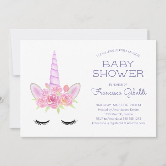 水の色パステルユニコーンとレインボーベビーシャワー 招待状 (正面)