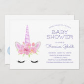 水の色パステルユニコーンとレインボーベビーシャワー 招待状 (正面/裏面)