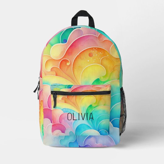 水の色パステルレインボークラウドモノグラム プリントバックパック (正面)