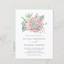 水の色パステル多肉類結婚の インビテーションポストカード