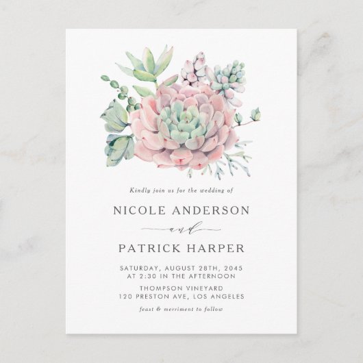 水の色パステル多肉類結婚の インビテーションポストカード (正面)