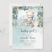 水の色パステル色テディベア女の子のベビー 招待状 (正面)