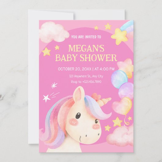 水の色パステルunicorn赤ちゃんシャワー 招待状 (正面)