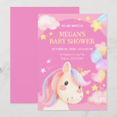水の色パステルunicorn赤ちゃんシャワー 招待状 (正面/裏面)
