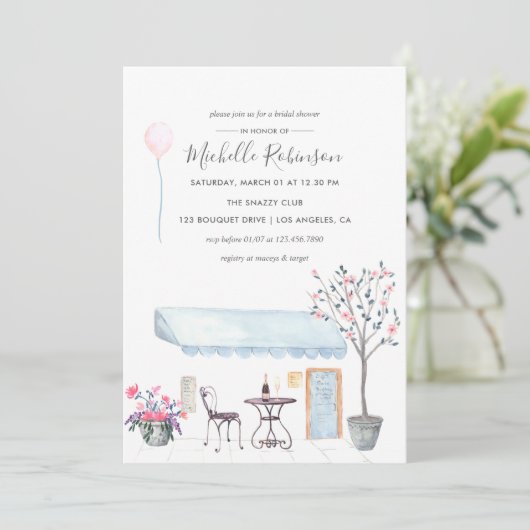 水の色パリをテーマにしたブライダルシャワーへの招待 招待状 (スタンド正面)