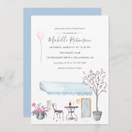 水の色パリをテーマにしたブライダルシャワーへの招待 招待状 (正面/裏面)