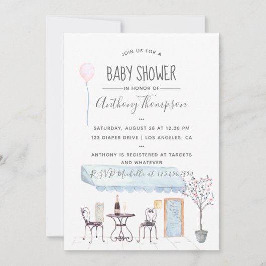 水の色パリをテーマにした赤ちゃんシャワーの招待状 招待状 (正面)