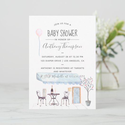 水の色パリをテーマにした赤ちゃんシャワーの招待状 招待状 (スタンド正面)