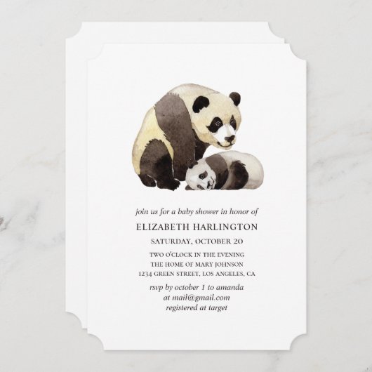 水の色パンダのベビーシャワー。かわいいクマの動物 招待状 (正面/裏面)