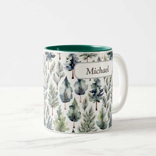 水の色パーソナライズされたモミの木の森のマグ ツートーンマグカップ (正面右)