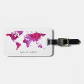 水の色パーソナライズされたワールドマップピンク白 ラゲッジタグ (正面横)