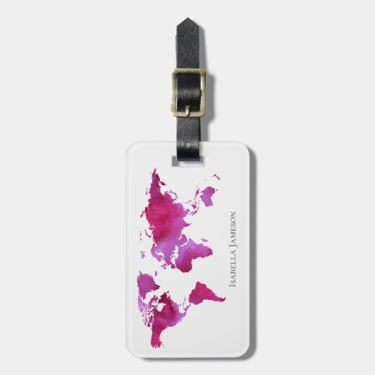 水の色パーソナライズされたワールドマップピンク白 ラゲッジタグ (正面縦)