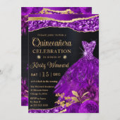 水の色パープル金ゴールドグリッタードレスキンセアニェラ 招待状 (正面/裏面)