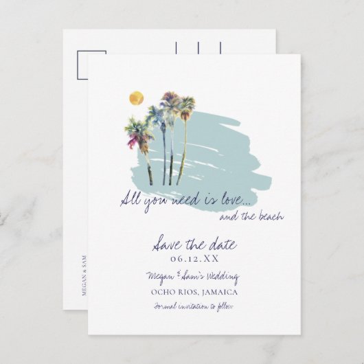 水の色パームツリービーチ結婚式日付を保存 案内ポストカード (正面/裏面)