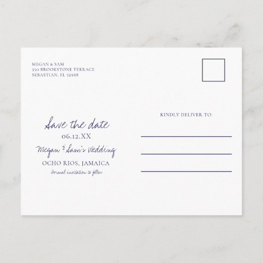 水の色パームツリービーチ結婚式日付を保存 案内ポストカード (裏面)