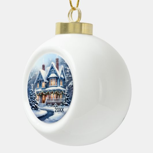 水の色ビクトリアン冬の家を追加する年 セラミックボールオーナメント (右)