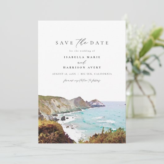 水の色ビッグシュールカリフォルニアコースト日付を保存 招待状 (スタンド正面)