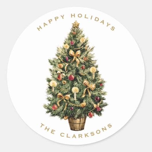 水の色ビンテージクリスマスツリーハッピーホリデー ラウンドシール (正面)