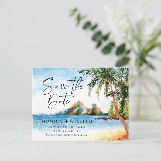 水の色ビーチシーパームの木の日付を保存 ポストカード (スタンド正面)