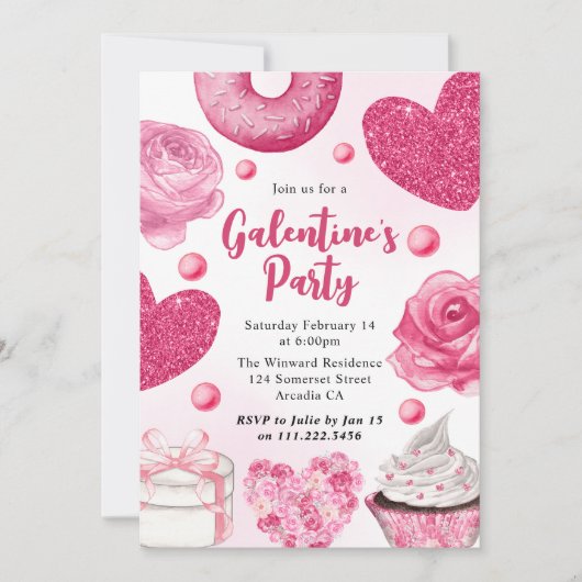 水の色ピンクのケーキとGalentineのパーティー 招待状 (正面)