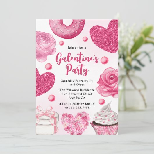 水の色ピンクのケーキとGalentineのパーティー 招待状 (スタンド正面)