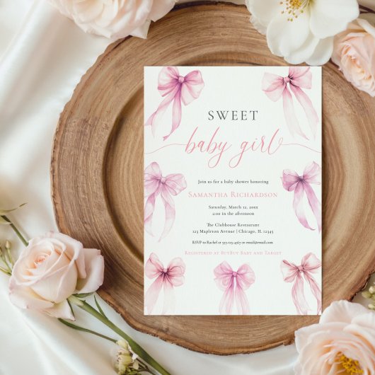 水の色ピンクのコケットは甘いベビーガールを弓 招待状