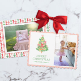 水の色ピンクの緑の弓コケットのクリスマスフォト シーズンカード