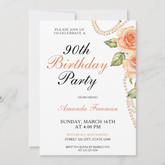 水の色ピーチバラと真珠90誕生日 招待状 (正面)