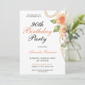 水の色ピーチバラと真珠90誕生日 招待状 (スタンド正面)