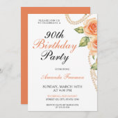水の色ピーチバラと真珠90誕生日 招待状 (正面/裏面)
