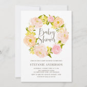 水の色ピーチピーニーリースベビーシャワー 招待状 (正面)