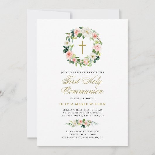 水の色ピーチフローラファーストホーリーコミュニオン 招待状 (正面)