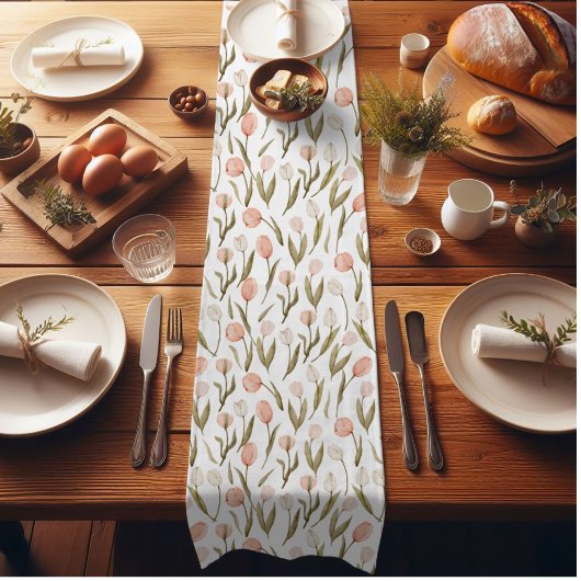 水の色ピーチホワイトピンクチューリップイースター春 ショートテーブルランナー