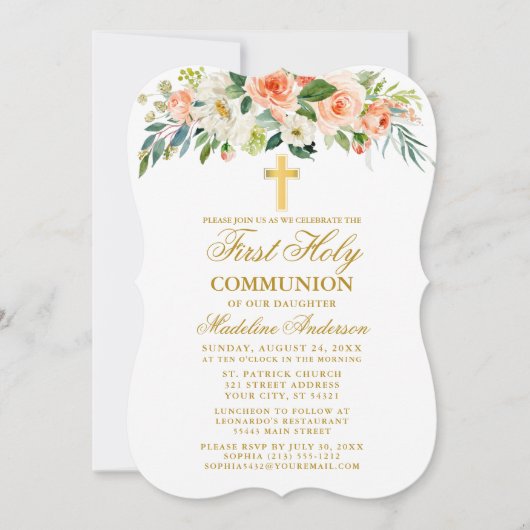 水の色ピーチホワイトフローラ金ゴールドファーストコミュニオン 招待状 (正面)