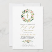 水の色ピーチ花模様ファーストホーリーコミュニオン 招待状 (正面)