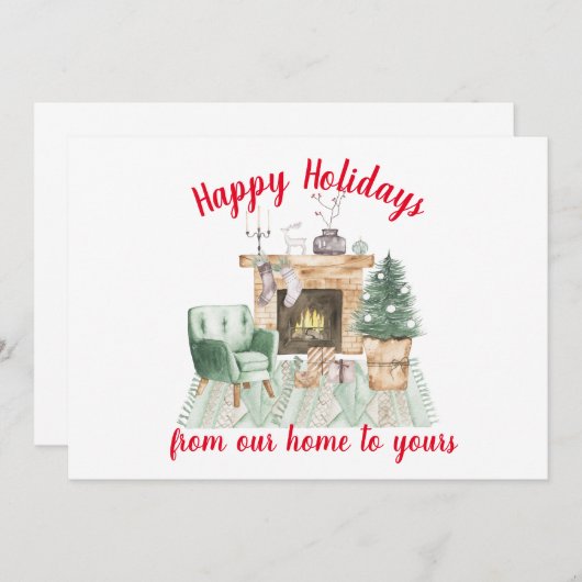 水の色ファイアサイドホリデーシーンクリスマスカード (正面/裏面)