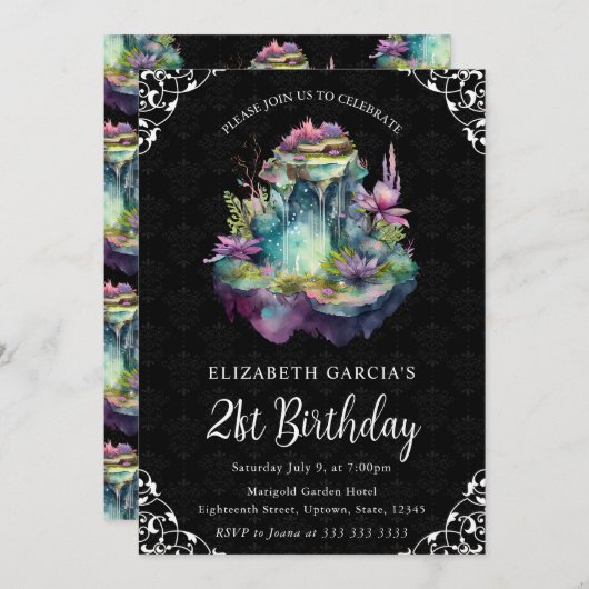 水の色ファンタジー妖精の泉21歳の誕生日 招待状 (正面/裏面)