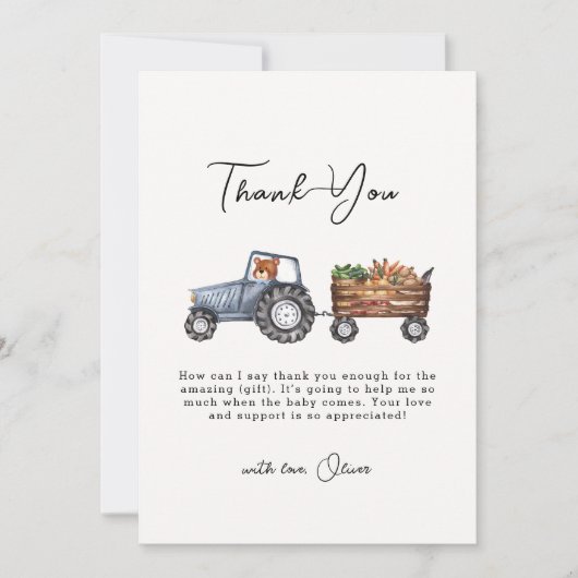 水の色ファームトラクターテディベア赤ちゃんシャワー サンキューカード (正面)