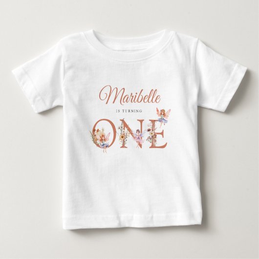 水の色フェアリーフローラ秋ガーデンファースト誕生日 ベビーTシャツ (正面)