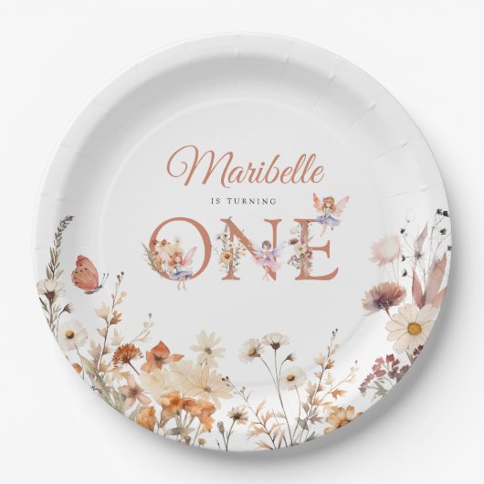 水の色フェアリーフローラ秋ガーデンファースト誕生日 ペーパープレート (正面)