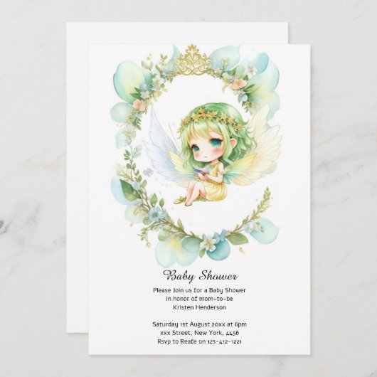 水の色フェアリーベイビーシャワー招待状 招待状 (正面/裏面)