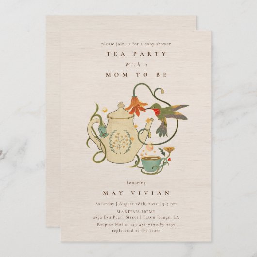 水の色フェコアフローラ茶パーティー赤ちゃんシャワー 招待状 (正面/裏面)