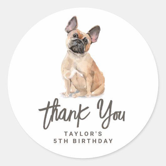 水の色フランスのブルドッグ誕生日ありがとう ラウンドシール (正面)