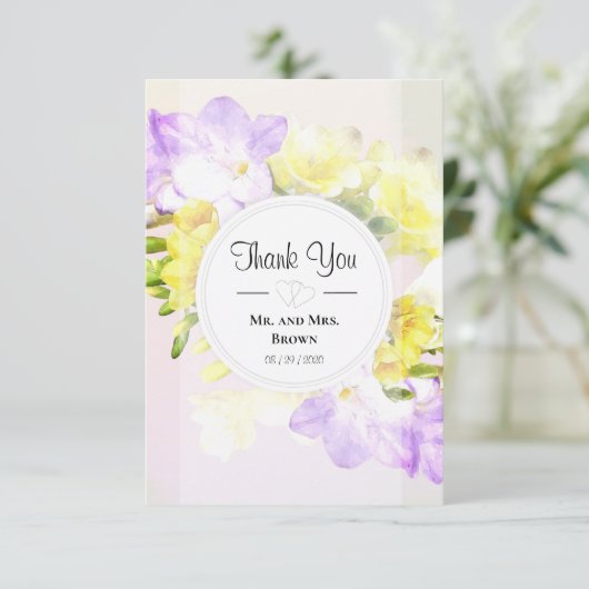 水の色フリーシア花結婚の感謝 サンキューカード (スタンド正面)